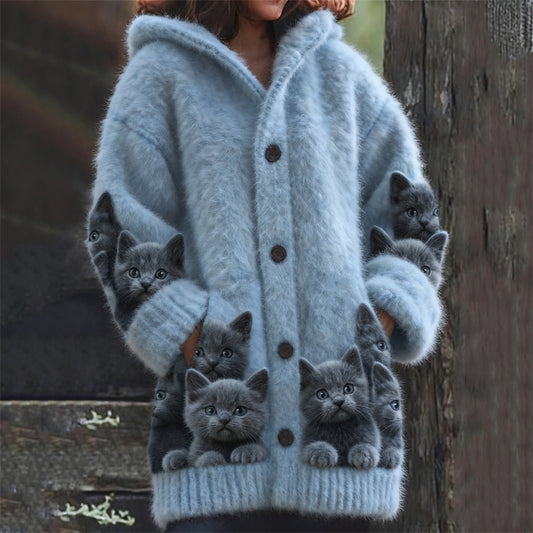 Comstylish Fuzzy Blue Cats Kittens Cozy Knit Hooded Cardigan