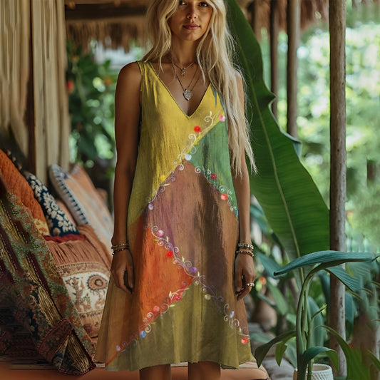 Boho Lace Floral Patchwork Art Women's Linen Tank Dress artswardrobe