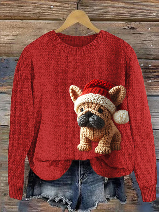 Comstylish Christmas French Bulldog Crochet Art Cozy Knit Sweater