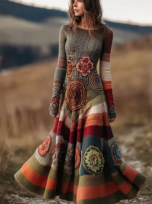 Comstylish Vintafe Floral Crochet Colorblock Cozy Maxi Sweater Dress