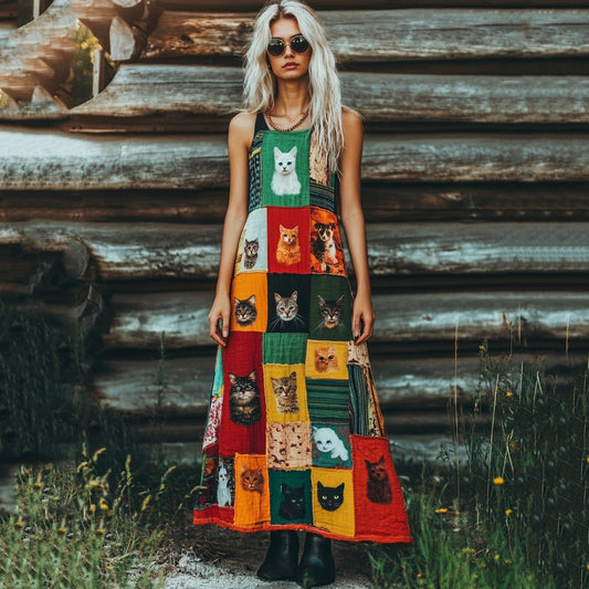 Comstylish Women's Pop Art Cute Cat Cotton Linen Vest Dress