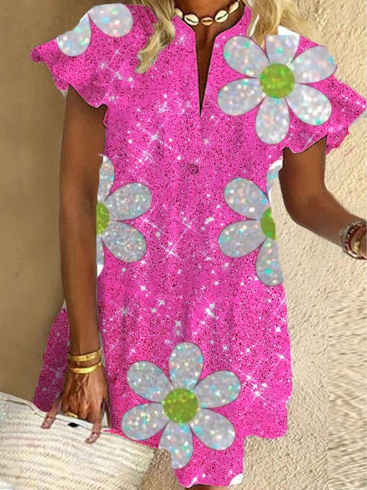 Pink Flower Ruffled Short-sleeved V-neck Buttoned Dress Vacation Beach Dress