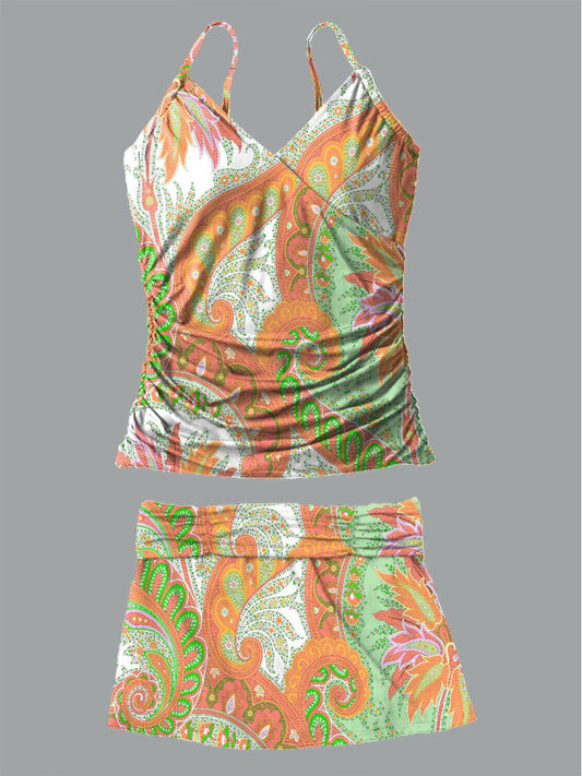 Women's Vintage Bohemian Floral Print Shirred Suspender Swimsuit Set