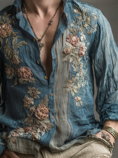 Men's Vintage Floral Embroidered Breathable Linen Shirt artswardrobe