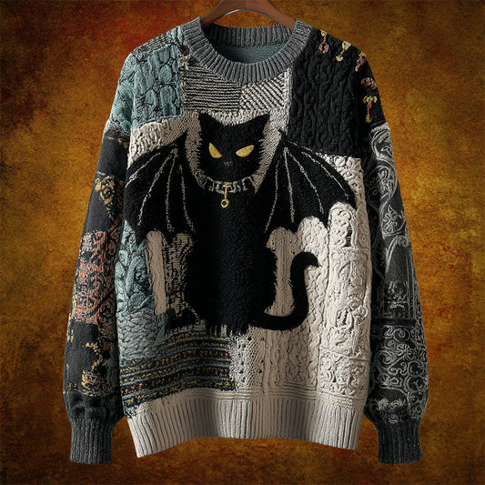 Comstylish Halloween Black Cat With Bat Wings Patchwork Women's Crew Neck Knit Sweater