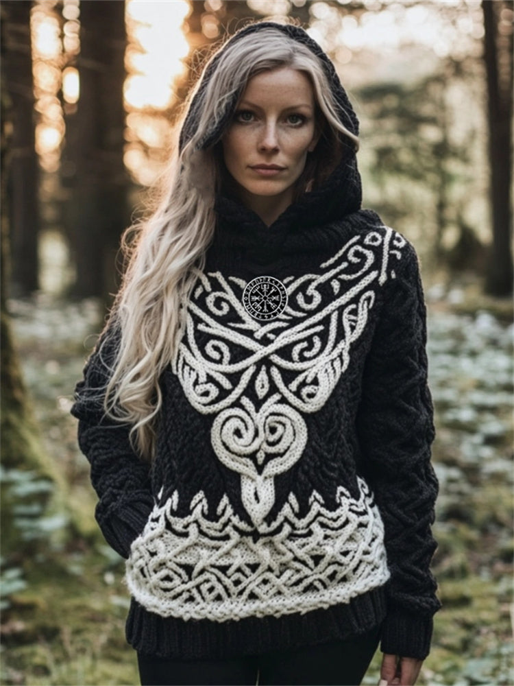 Vintage Viking Vegvisir Embroidered Celtic Cozy Chunky Hooded Sweater artswardrobe