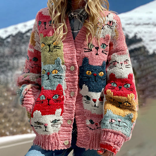 Comstylish Colorful Cats Pattern Art Cozy Knit Cardigan
