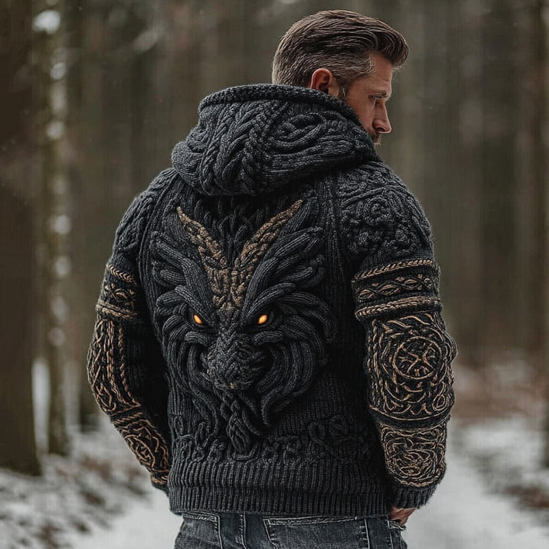 Men's Vintage Viking Dragon Jacquard Knitted Cozy Zipper Up Hooded Cardigan artswardrobe