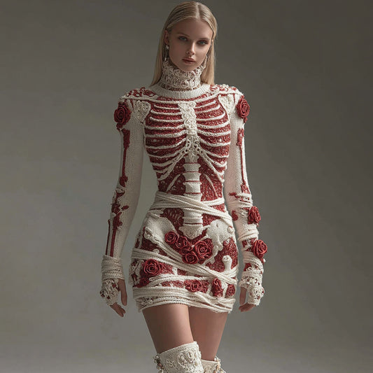 Comstylish Women's Halloween Skeleton Rose Round Neck Mini Skirt