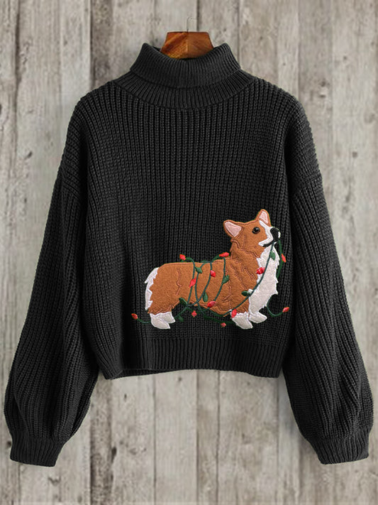Comstylish Funny Christmas Corgi Dog Embroidered Cozy Turtleneck Sweater