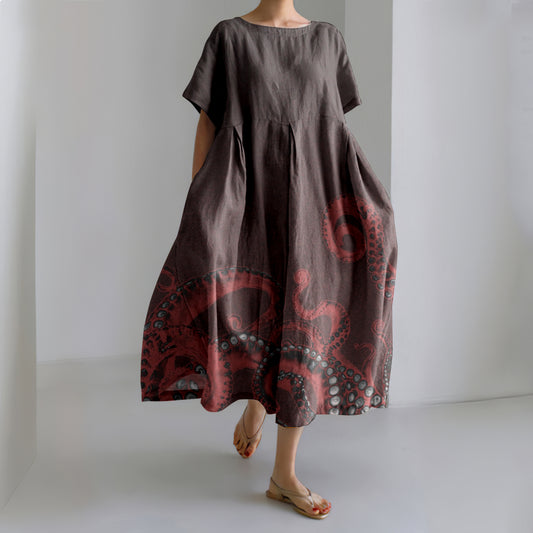 Japanese Octopus Art Linen Blend Casual Dress
