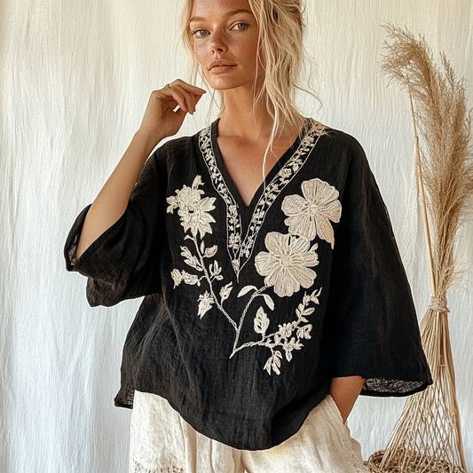 Comstylish Women's Vintage Floral Pattern Cotton And Linen V-neck Comfort Shirt