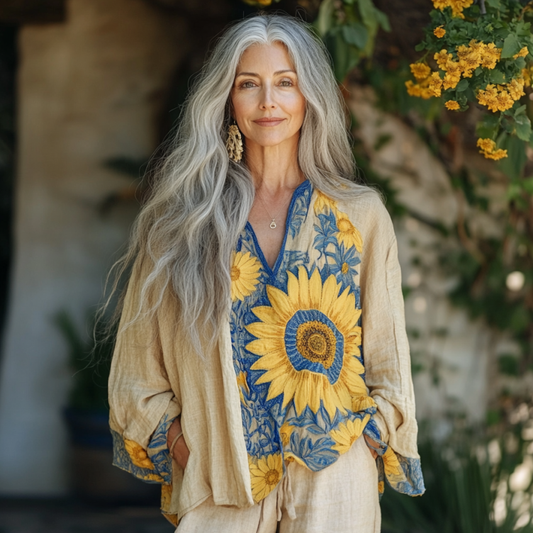 Bohemian Sunflower Linen Floral Art Print Long Sleeve V-neck Shirt artswardrobe