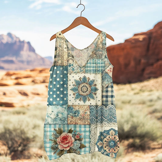 Women's Floral Patchwork Art Linen Tank Top artswardrobe
