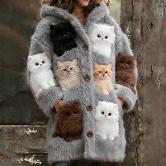 Comstylish Winter Cute Plush Cats Women's Hooded Plush Cardigan