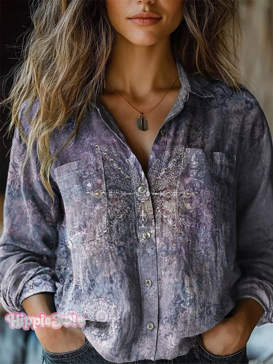 Women's Retro Ethnic Totem Pattern Print Casual Long Sleeve Comfortabl