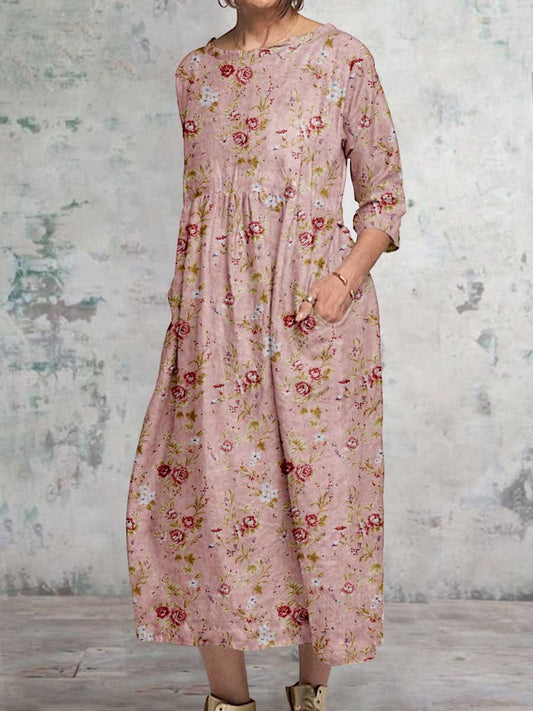 Women's Classic Floral Pattern Round Neck Cotton and Linen Top with Pockets