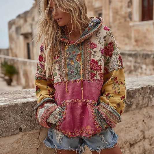 Comstylish Women's Vintage Bohemian Floral Embroidery Patchwork Art Casual Hoodie