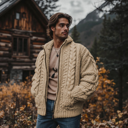 Men'S Burlap Pattern Vintage Stand Collar Zipper Sweater artswardrobe