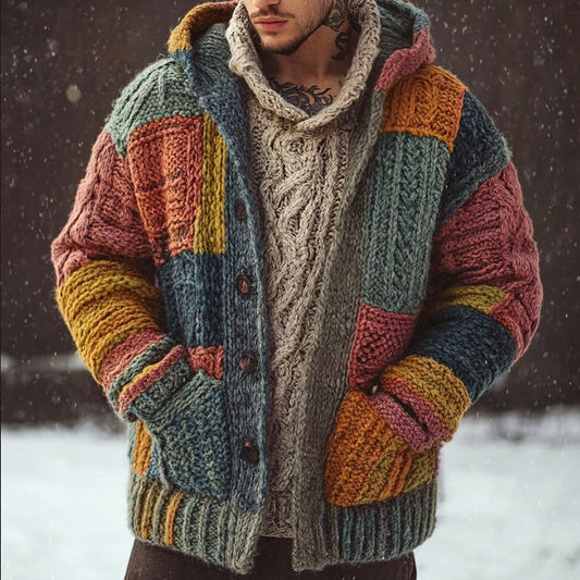 Men's Vintage Geometric Patchwork Chunky Hooded Cardigan artswardrobe
