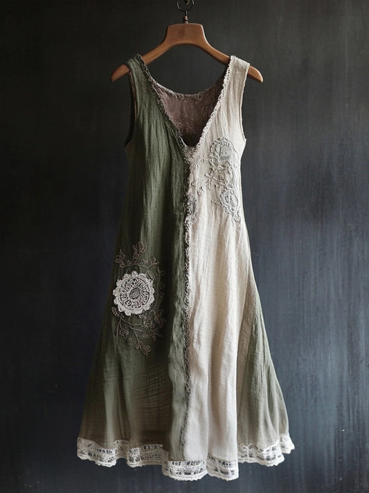 Vintage Lace Patchwork V Neck Linen Tank Dress artswardrobe
