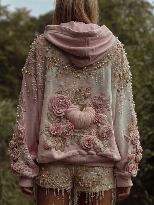 Vintage Thanksgiving Pink Pumpkin & Roses Beaded Dyed Hoodie artswardrobe
