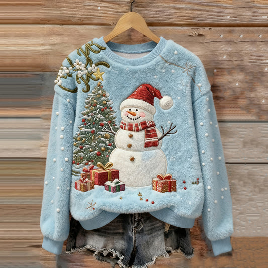 Comstylish Women's Christmas Snowman Embroidery Art Comfort Plush Sweatshirt