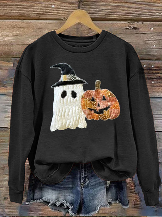 Comstylish Pumpkin Ghost Companion Embroidered Patch Round Neck Long-sleeve Sweatshirt