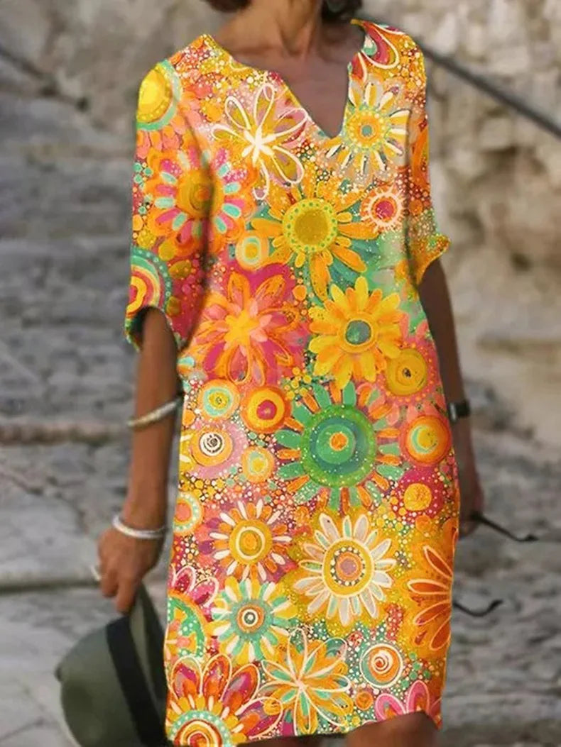 KS | Midi dress with V-neck and floral pattern