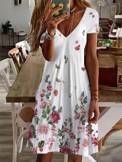 KS | Women's Sundress Midi Dress Short Sleeve Floral Print Summer Casual V Neck Loose Dresses Plus Size 2024 Women's Clothing Vestidos
