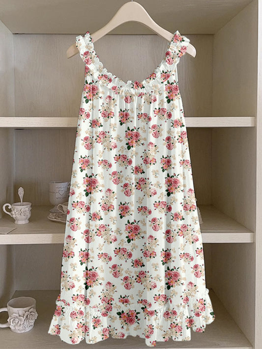 Vintage Cottagecore Floral Ruffle Trim Linen Dress artswardrobe