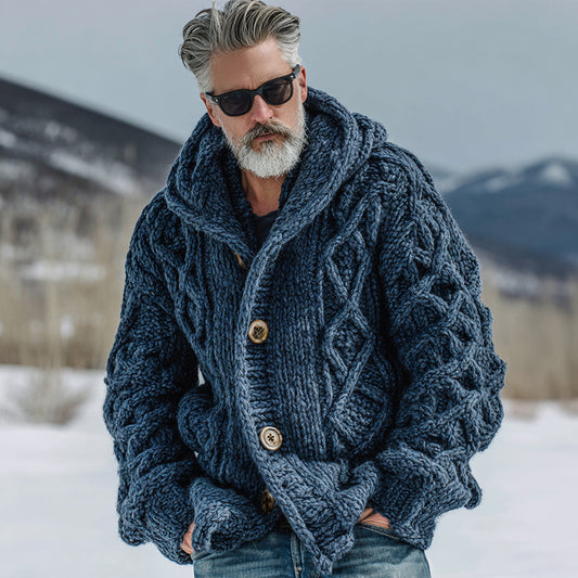 Men's Casual Fairman Island Chunky Knit Buttons Hooded Sweater Cardigan artswardrobe