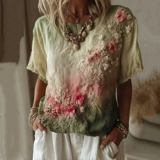 Comstylish Vintage Floral Gradient Pattern Linen Comfy T-shirt