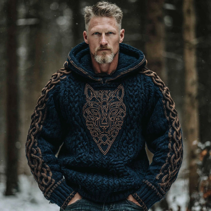 Men's Vintage Viking Wolf Celtic Art Jacquard Chunky Knitted Cozy Hooded Sweater artswardrobe