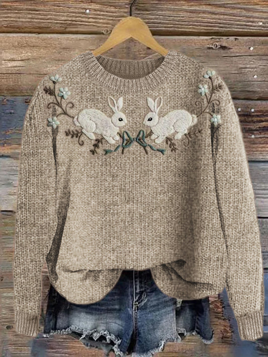Cottage Bunny Floral Embroidery Cozy Knit Sweater artswardrobe