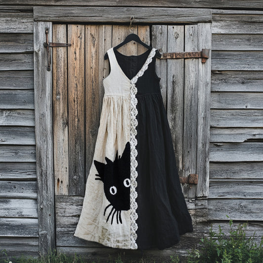 Cute Black Cat Embroidered Art Linen Contrast Color Sling Dress artswardrobe