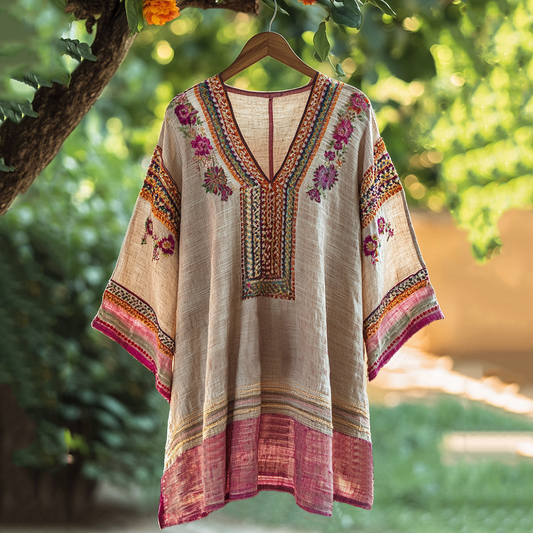Women's Vintage Embroidered Flower V-neck Linen Blend Loose T-shirt artswardrobe