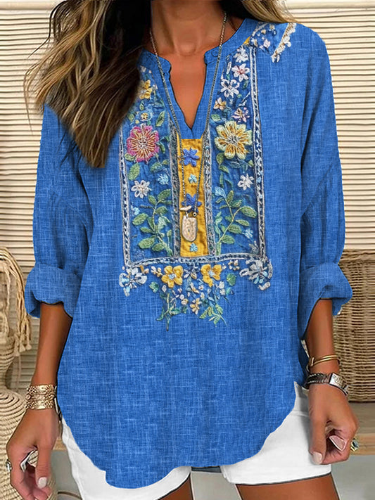 Retro Folk Floral Embroidered Linen Blend Tunic artswardrobe