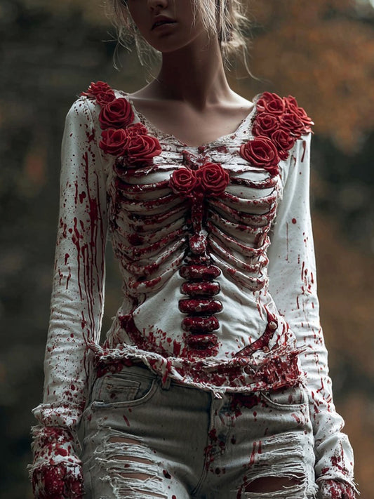 Comstylish Vintage Skeleton Bloody Roses V Neck Halloween T Shirt