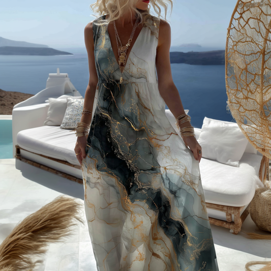 Vintage Marble Texture Collection Retro Bohemia Women Style Gradient Gilded Pattern Linen Maxi Dress artswardrobe