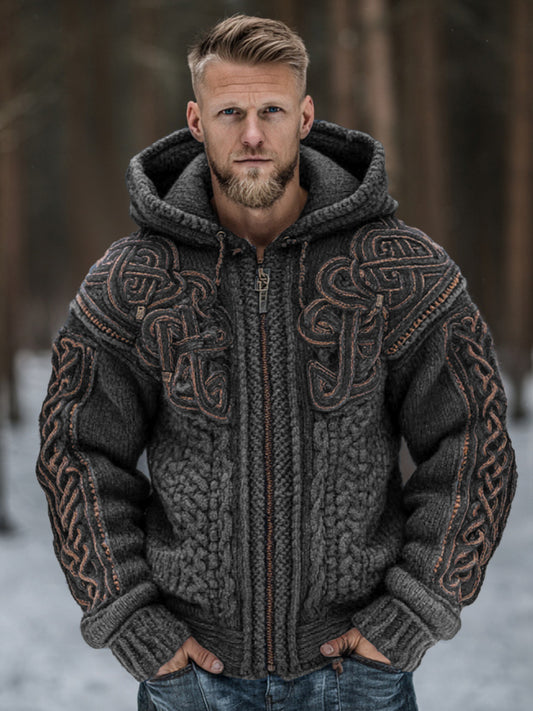 Men's Vintage Viking Celtic Knot Art Chunky Knit Hooded Zip-up Sweater elevenforest