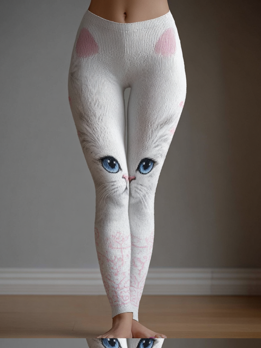 Comstylish Women's Cute Cat Knitted Tight-fitting Leggings
