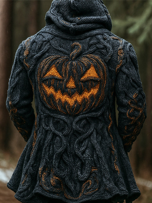 Halloween Pumpkin Emoji Men's Chunky Knit Hooded Sweater Cardigan elevenforest