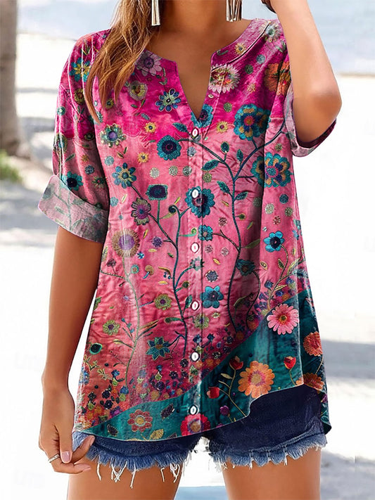 Women's Floral Pattern Art Print Casual Cotton Linen Short Sleeve Shir