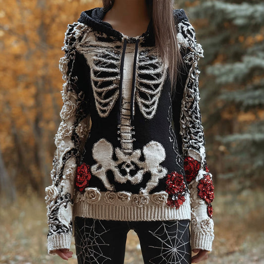 Comstylish Halloween Skeleton Hollow Bow Art Hoodie Sweater