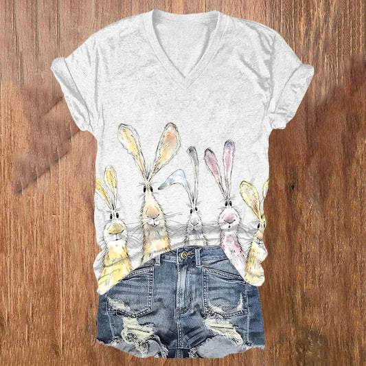 Women'S Watercolor Bunny Print T-Shirt artswardrobe