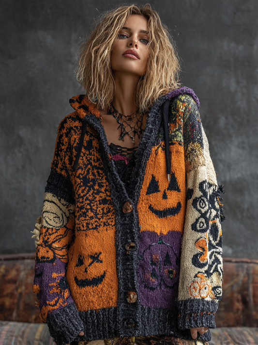 Halloween Dark Gothic Style Pumpkin Face Pattern Hooded Knit Sweater Cardigan Jacket artswardrobe