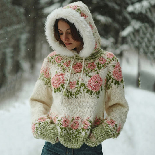Comstylish Women's Bohemian Style Pink Rose Art Warm Hooded Knitted Sweater