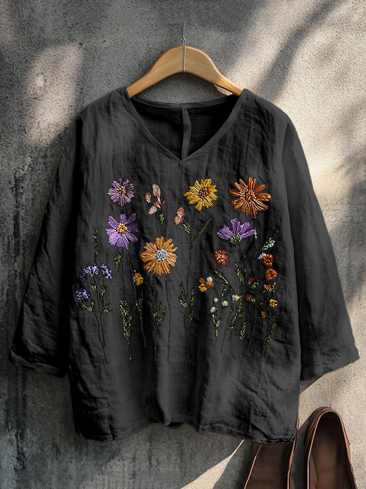 Comstylish Boho Floral Embroidery Print Cotton And Linen Blend Loose Blouse