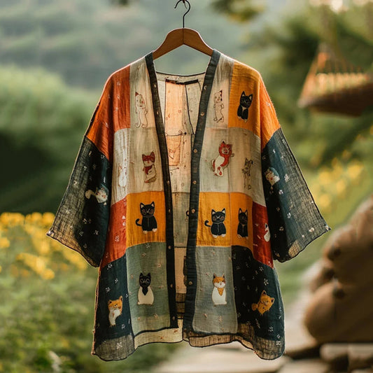 Summer Farm Cute Cat Natural Patchwork Linen Kimono artswardrobe